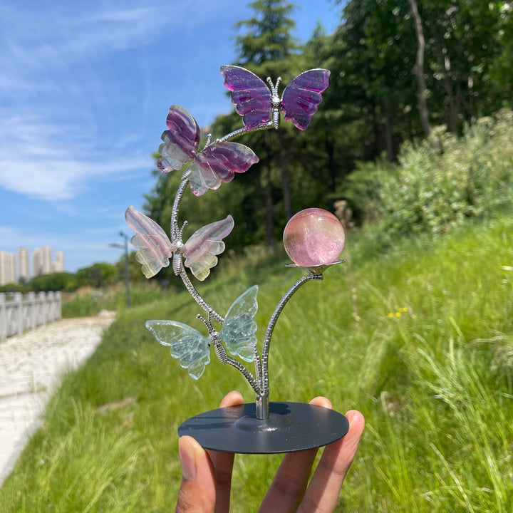 A Slightly Imperfect Natural Fluorite Butterfly Sphere Stand