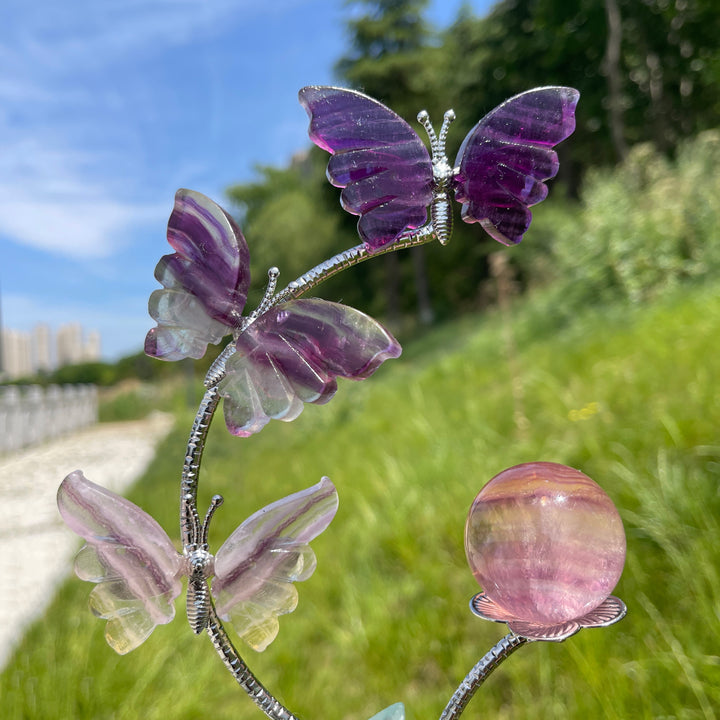 A Slightly Imperfect Natural Fluorite Butterfly Sphere Stand