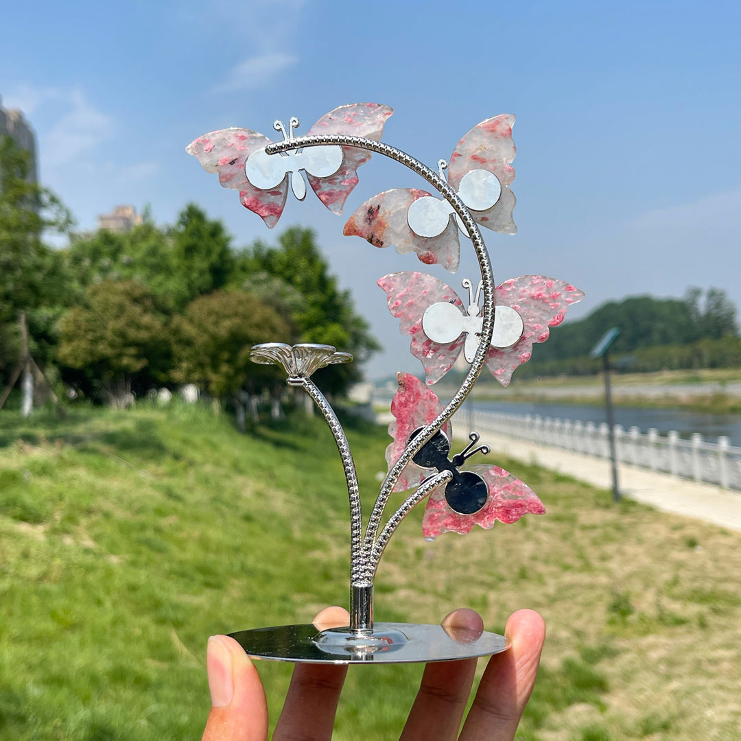 A Slightly Imperfect Natural Crystal Rhodonite In Quartz Butterfly Sphere Stand