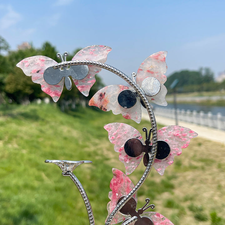 A Slightly Imperfect Natural Crystal Rhodonite In Quartz Butterfly Sphere Stand