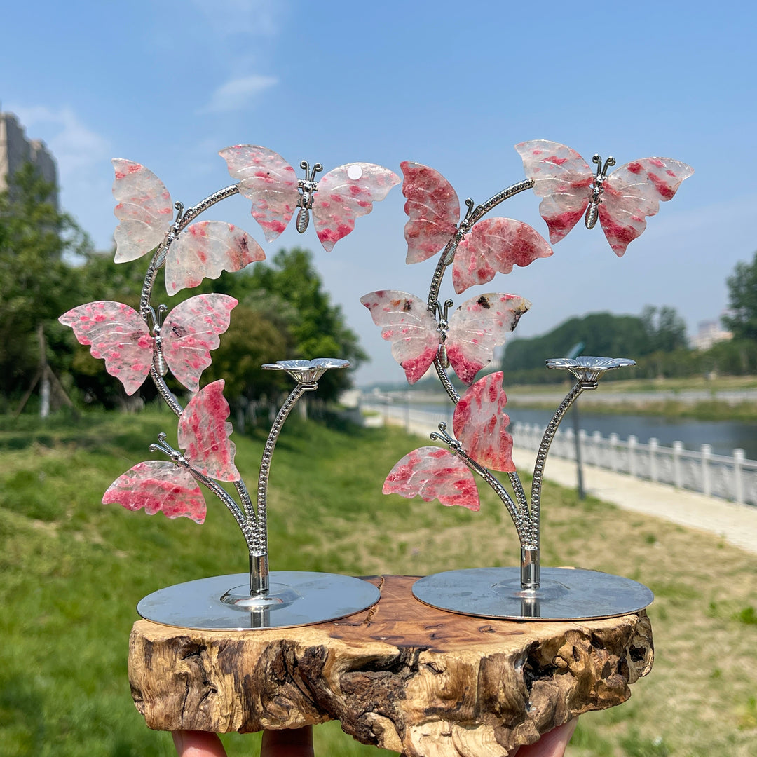 A Slightly Imperfect Natural Crystal Rhodonite In Quartz Butterfly Sphere Stand