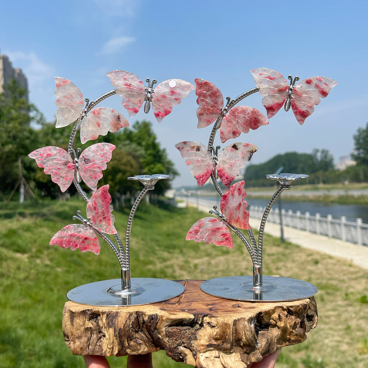 A Slightly Imperfect Natural Crystal Rhodonite In Quartz Butterfly Sphere Stand