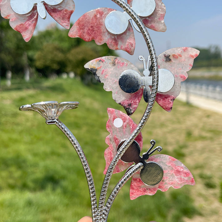A Slightly Imperfect Natural Crystal Rhodonite In Quartz Butterfly Sphere Stand