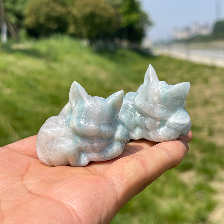 Natural Aquamarine Crystal Carved Sleeping Fox