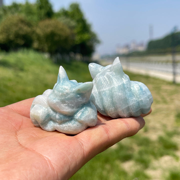 Natural Aquamarine Crystal Carved Sleeping Fox