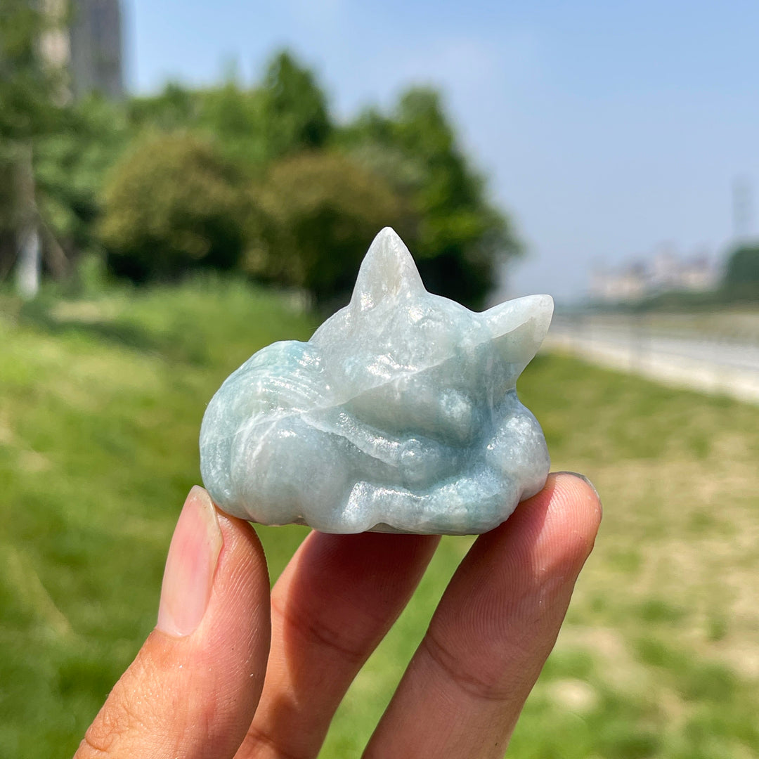 Natural Aquamarine Crystal Carved Sleeping Fox
