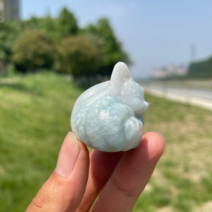 Natural Aquamarine Crystal Carved Sleeping Fox