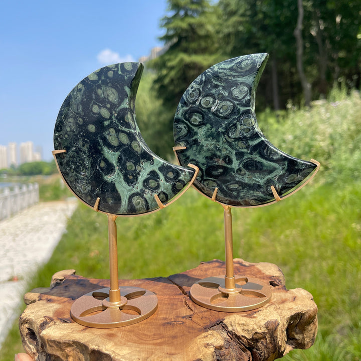 Unique,Natural Kambaba Jasper Crescent Moon Carving On Stand