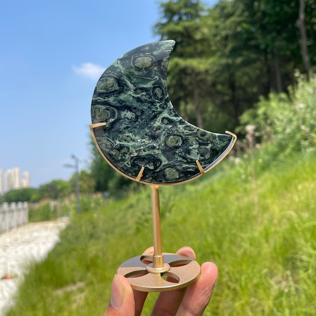 Unique,Natural Kambaba Jasper Crescent Moon Carving On Stand