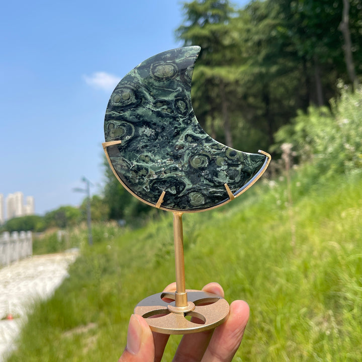 Unique,Natural Kambaba Jasper Crescent Moon Carving On Stand