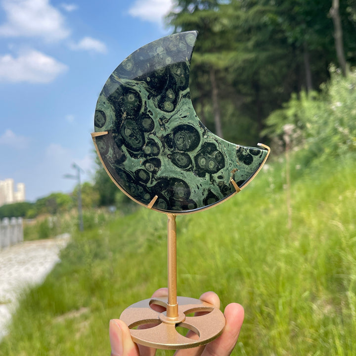 Unique,Natural Kambaba Jasper Crescent Moon Carving On Stand