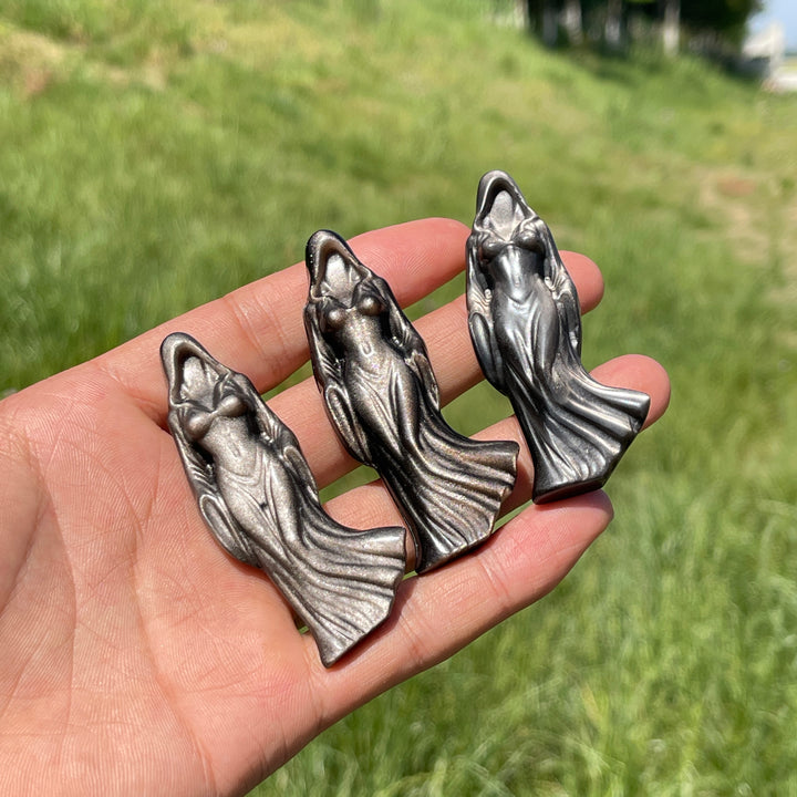 Natural Mystical Silver Obsidian Ghost Goddess Carving