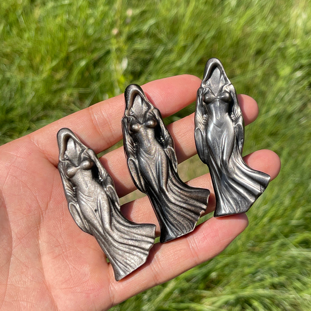 Natural Mystical Silver Obsidian Ghost Goddess Carving