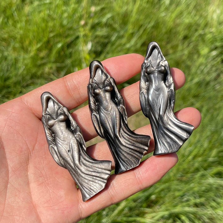Natural Mystical Silver Obsidian Ghost Goddess Carving