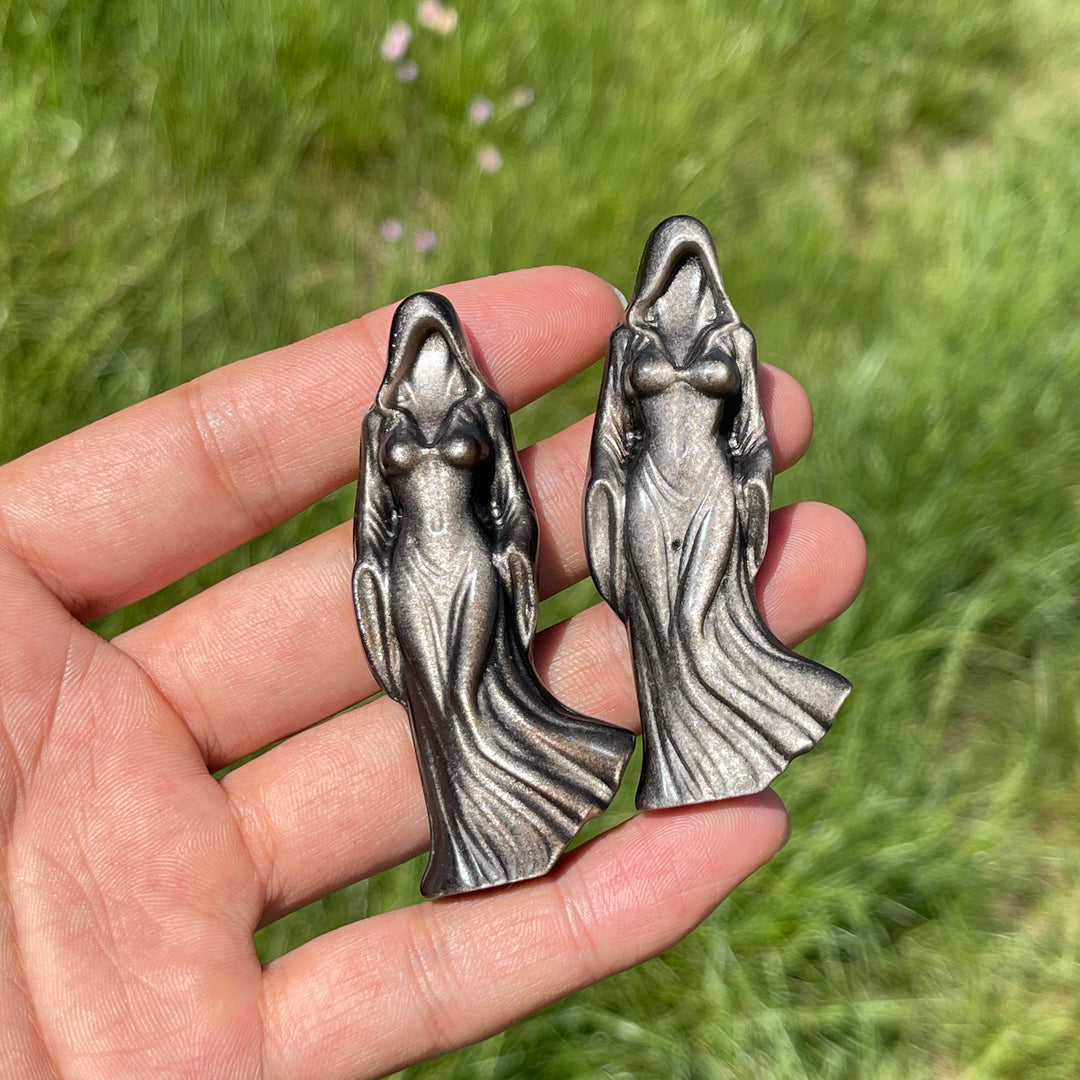 Natural Mystical Silver Obsidian Ghost Goddess Carving