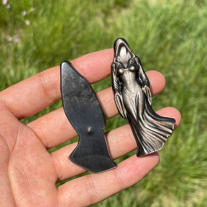 Natural Mystical Silver Obsidian Ghost Goddess Carving