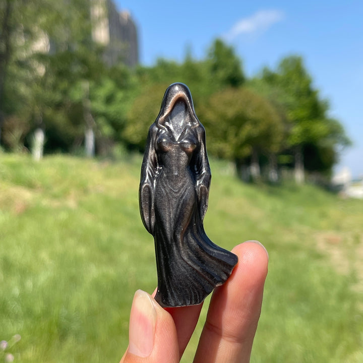 Natural Mystical Silver Obsidian Ghost Goddess Carving