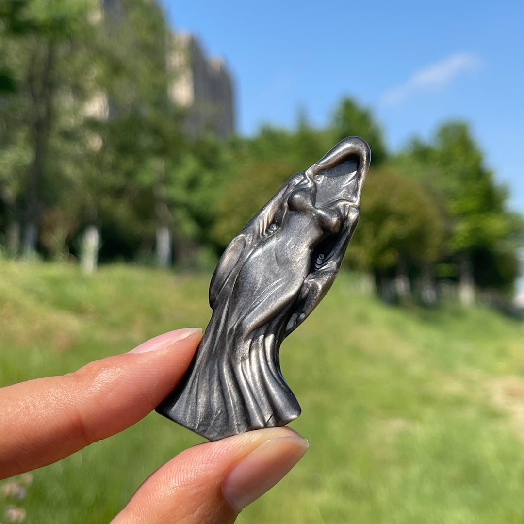 Natural Mystical Silver Obsidian Ghost Goddess Carving