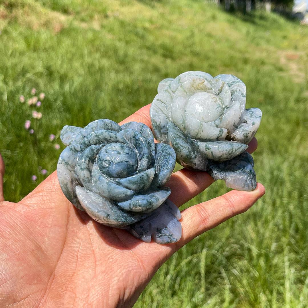 Natural Moss Agate Enchanted Peony Carving