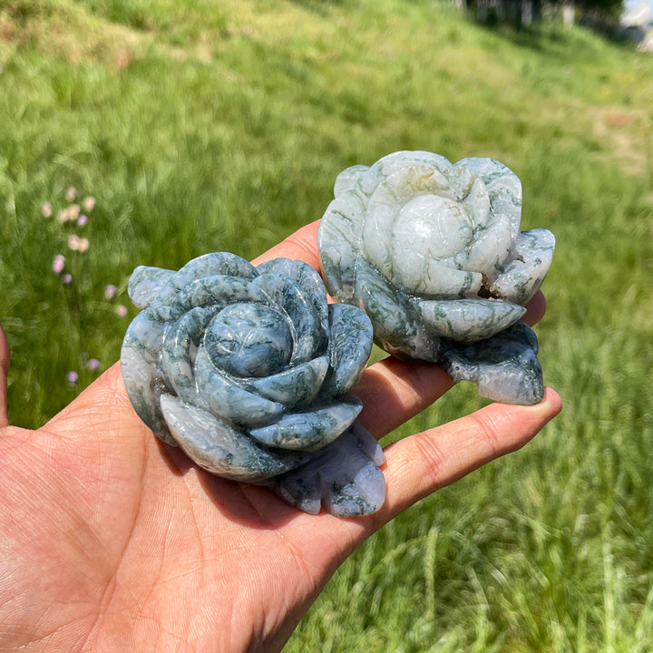 Natural Moss Agate Enchanted Peony Carving