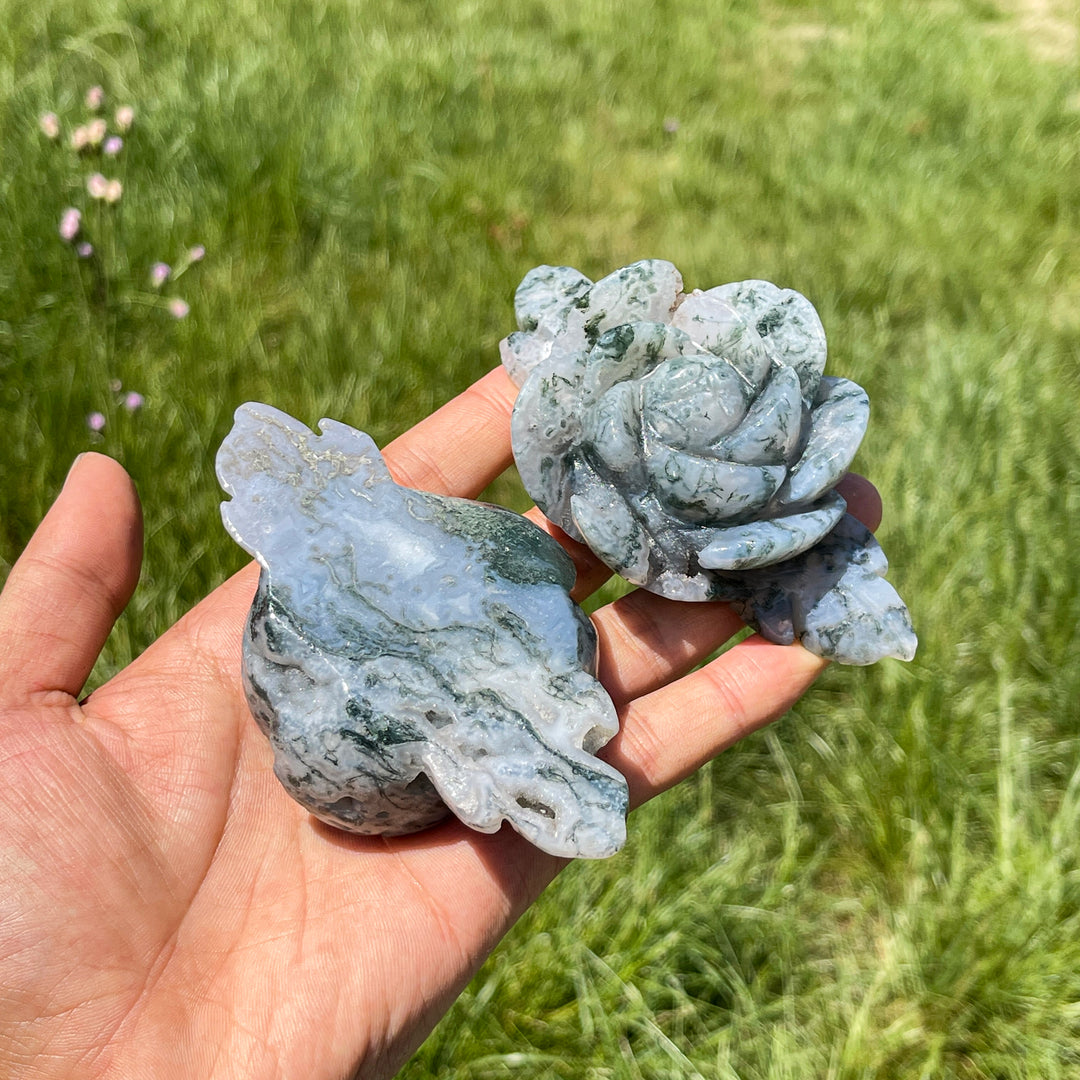 Natural Moss Agate Enchanted Peony Carving