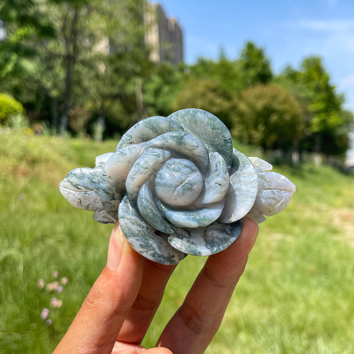 Natural Moss Agate Enchanted Peony Carving