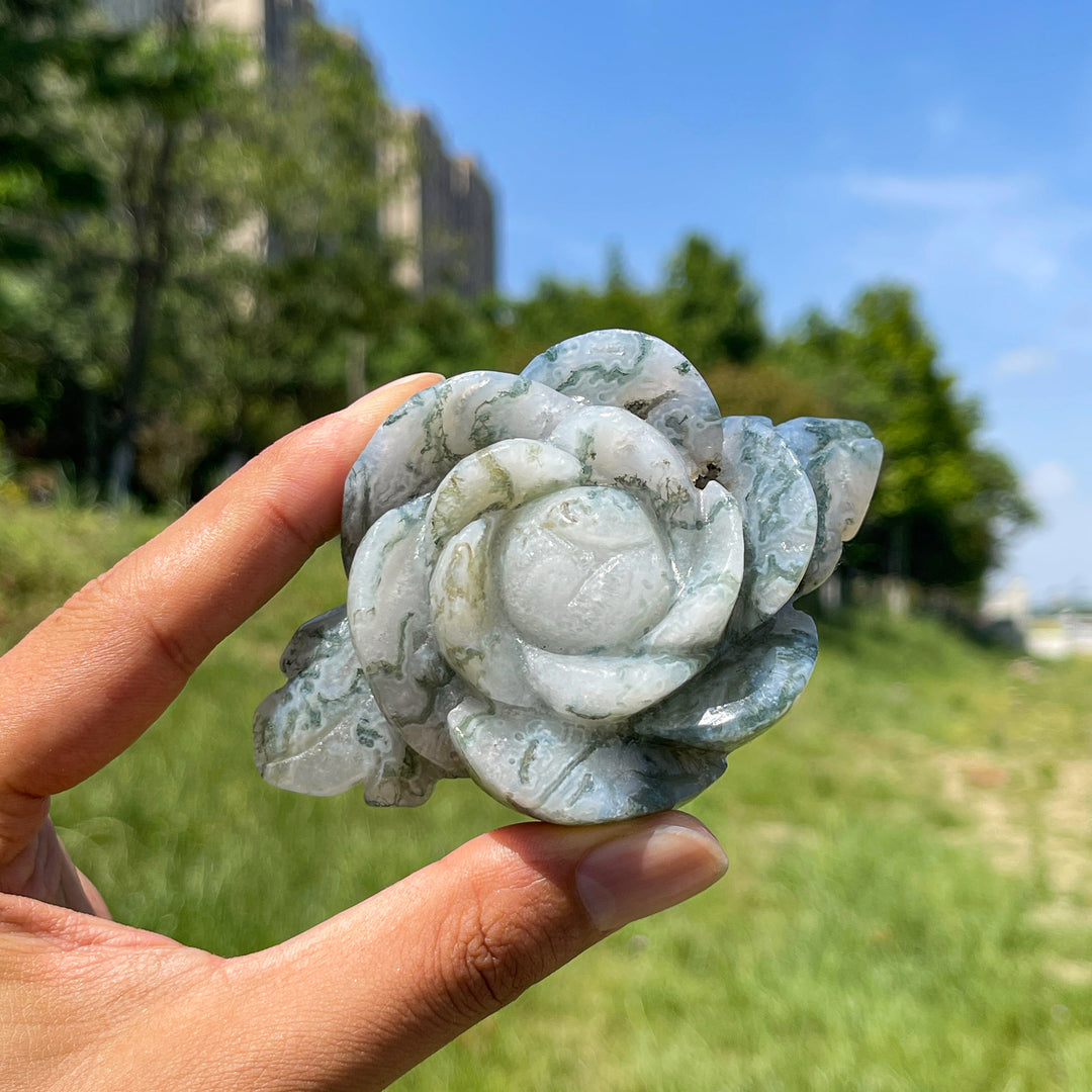 Natural Moss Agate Enchanted Peony Carving