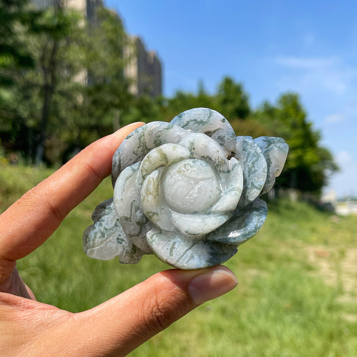 Natural Moss Agate Enchanted Peony Carving