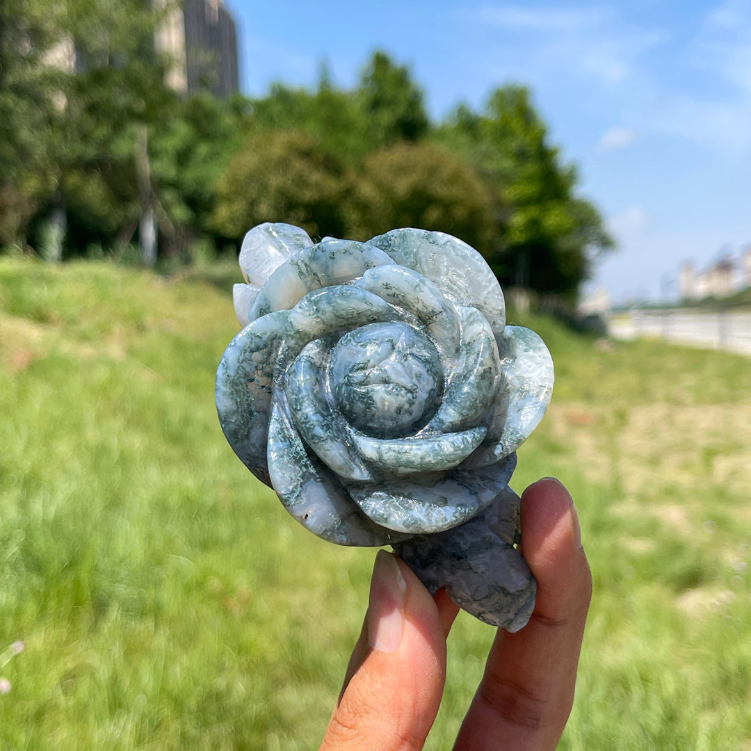 Natural Moss Agate Enchanted Peony Carving
