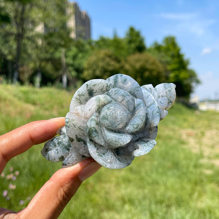 Natural Moss Agate Enchanted Peony Carving