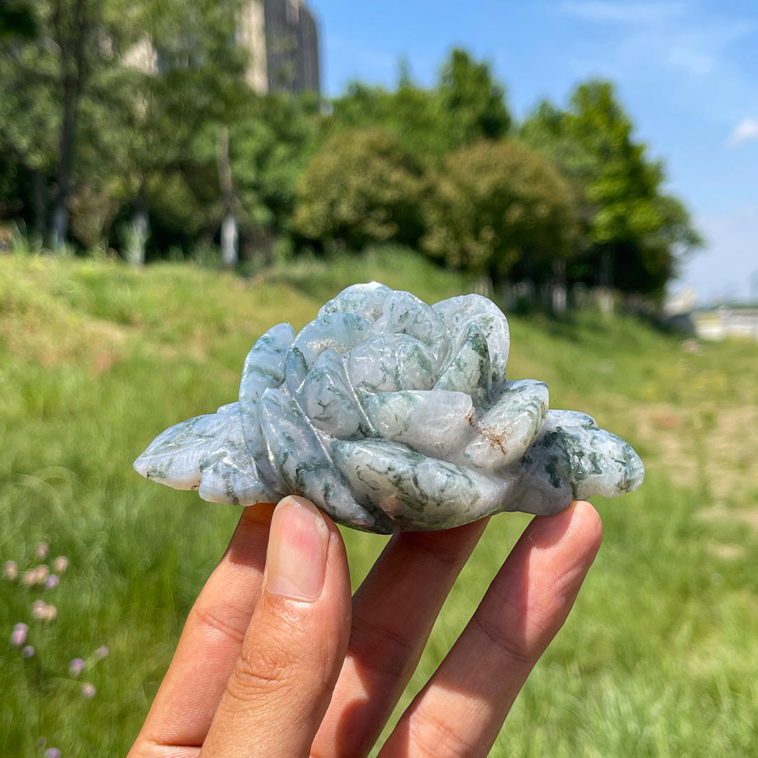 Natural Moss Agate Enchanted Peony Carving