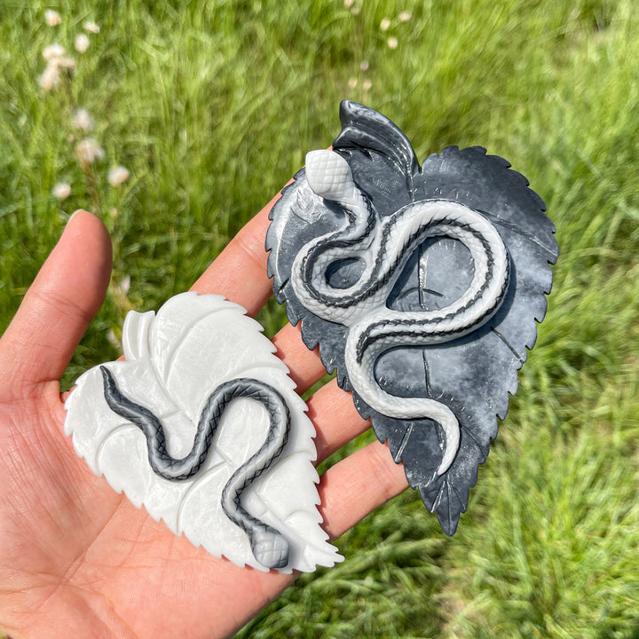 Unique, Natural TaiJi Stone Snake On Leaf Carving