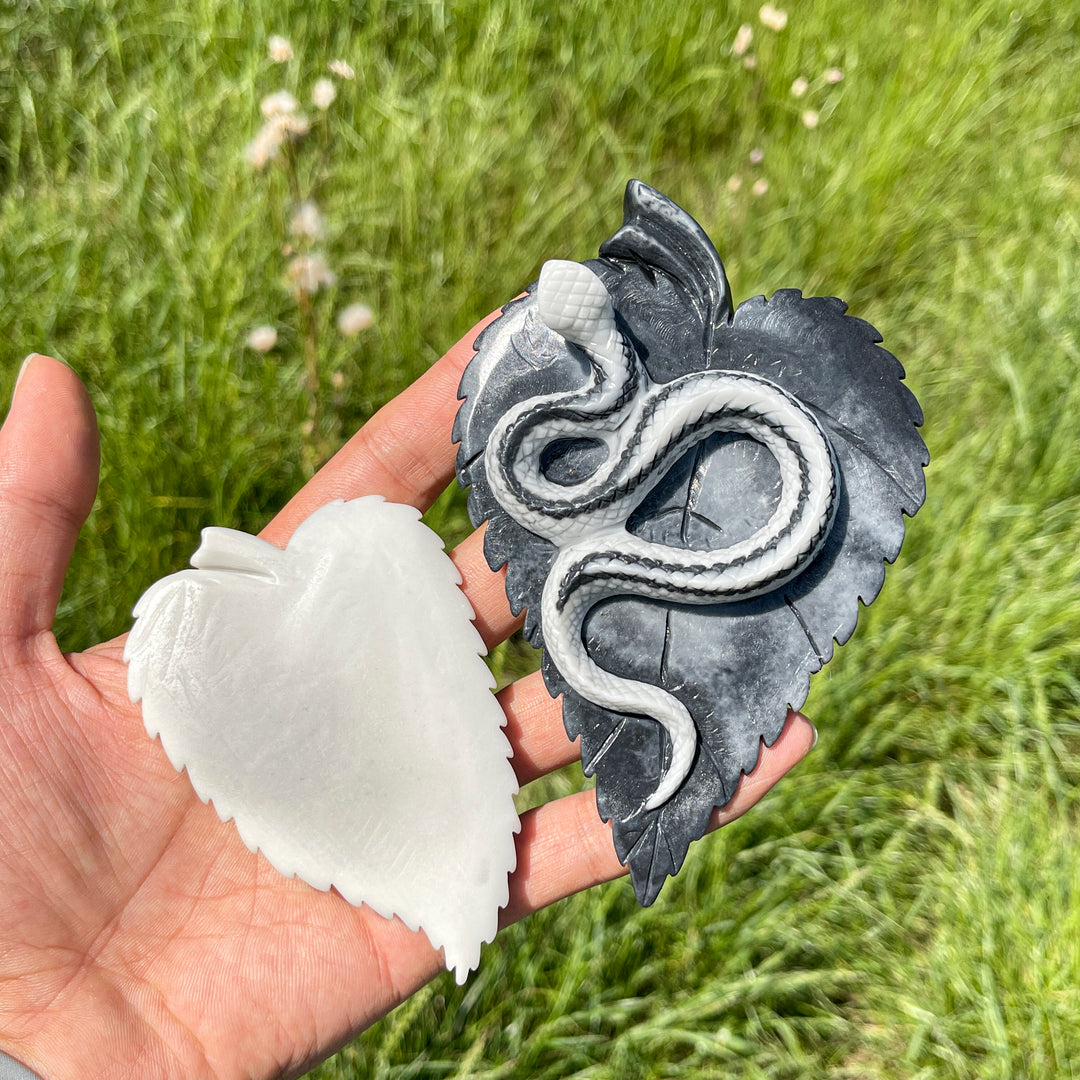 Unique, Natural TaiJi Stone Snake On Leaf Carving