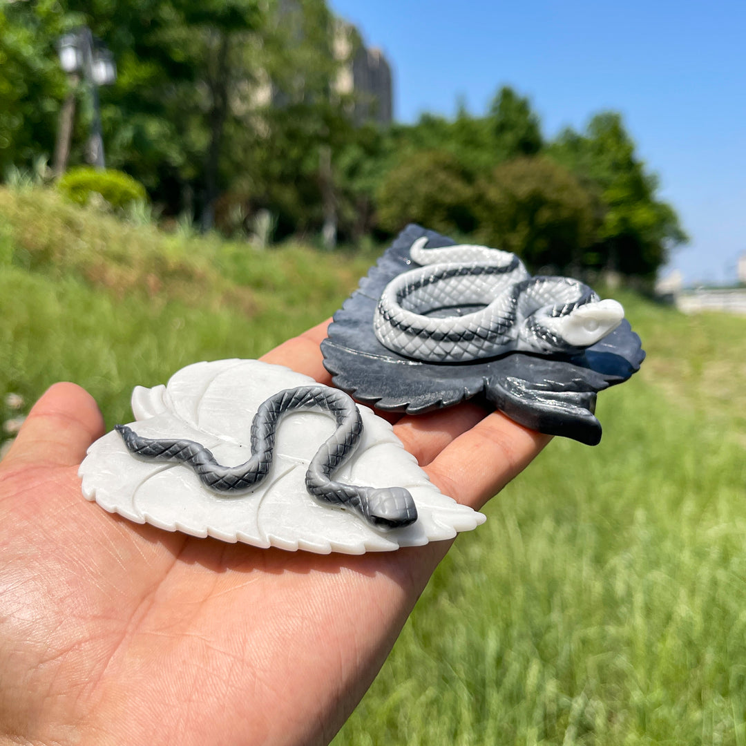Unique, Natural TaiJi Stone Snake On Leaf Carving