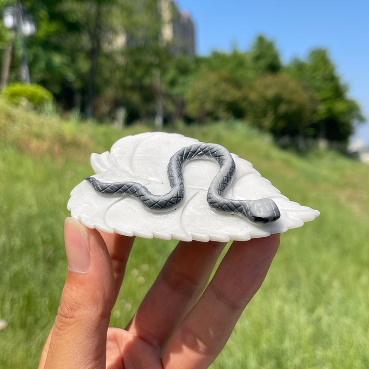 Unique, Natural TaiJi Stone Snake On Leaf Carving