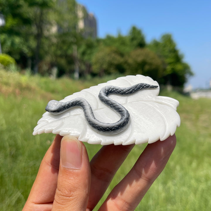 Unique, Natural TaiJi Stone Snake On Leaf Carving