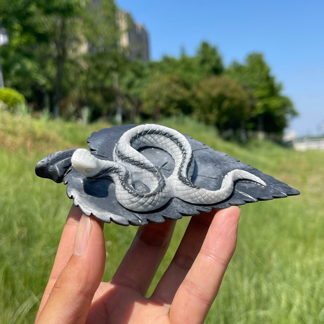 Unique, Natural TaiJi Stone Snake On Leaf Carving