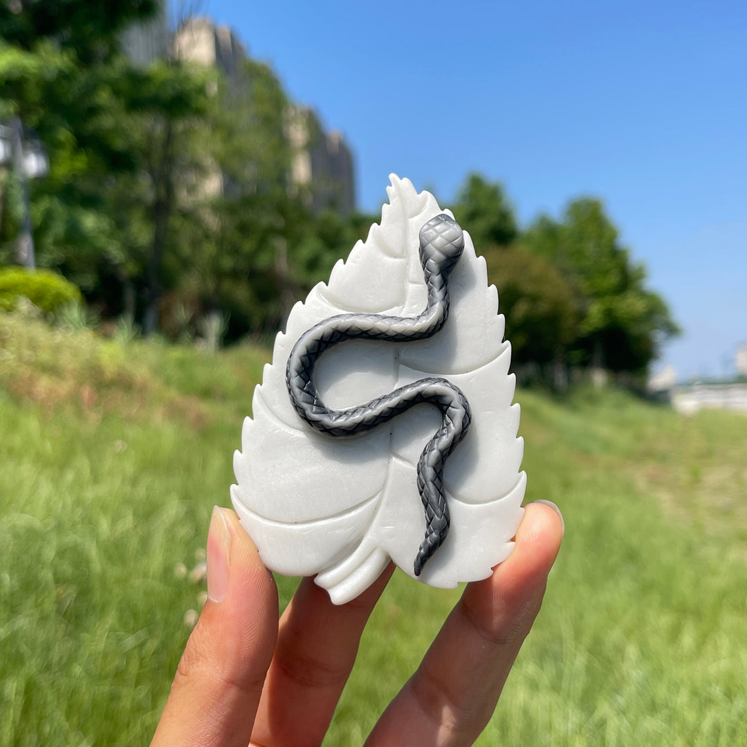 Unique, Natural TaiJi Stone Snake On Leaf Carving