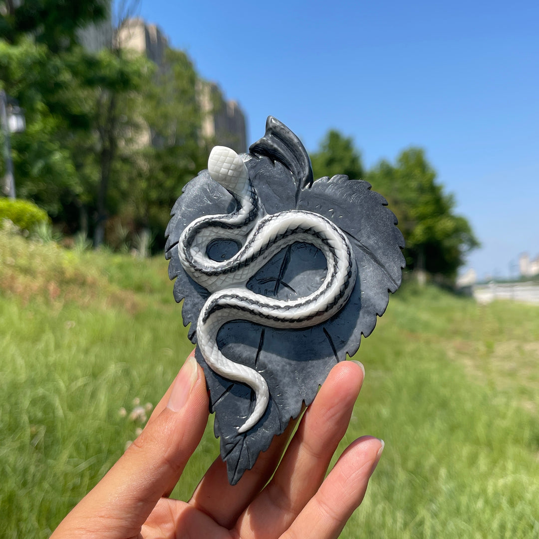 Unique, Natural TaiJi Stone Snake On Leaf Carving