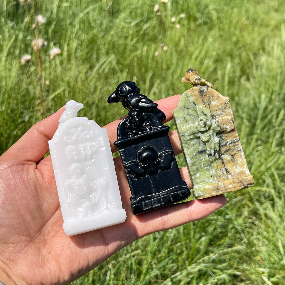 Natural Crystal Gothic Tombstone With Raven Carving