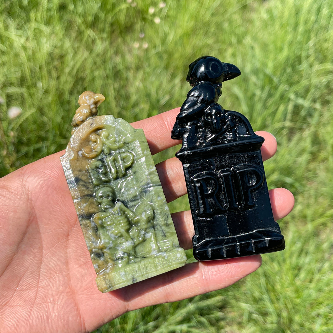 Natural Crystal Gothic Tombstone With Raven Carving