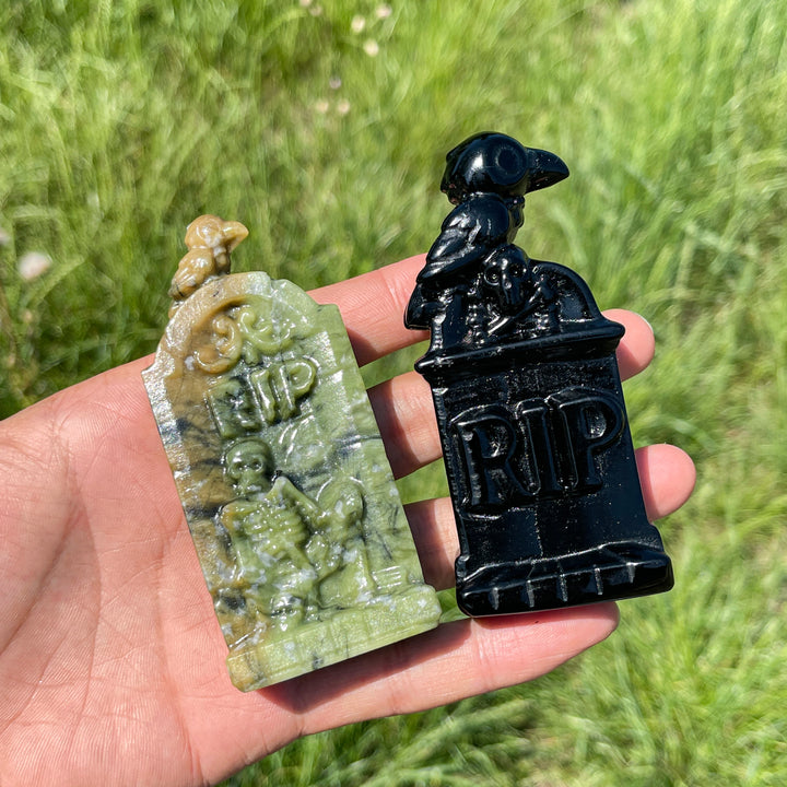 Natural Crystal Gothic Tombstone With Raven Carving