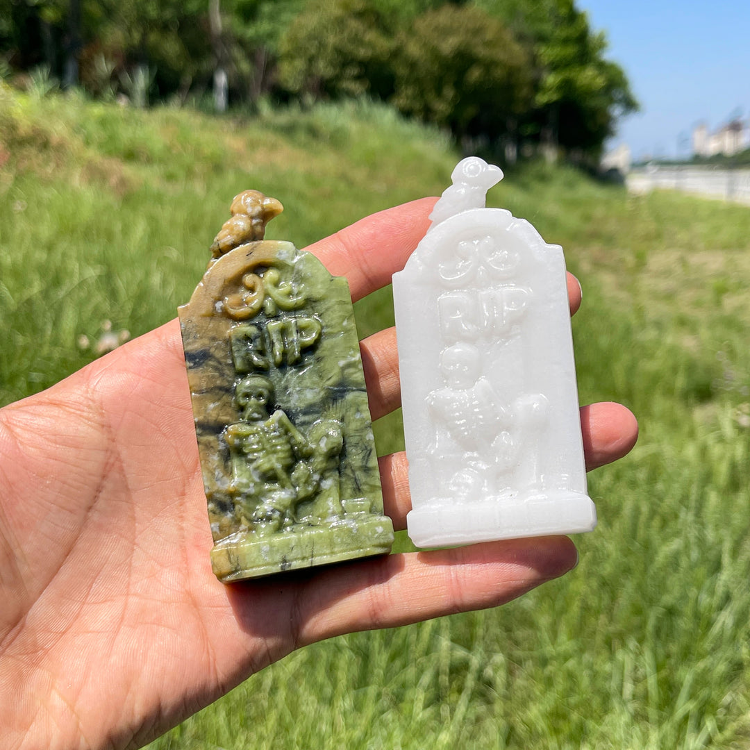 Natural Crystal Gothic Tombstone With Raven Carving