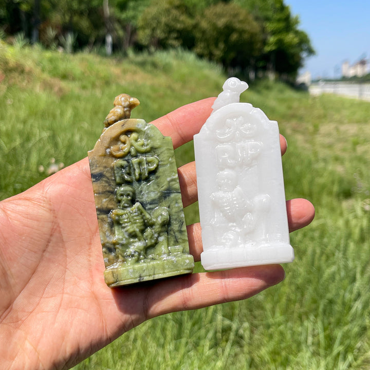 Natural Crystal Gothic Tombstone With Raven Carving