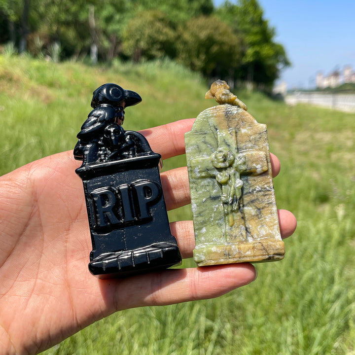 Natural Crystal Gothic Tombstone With Raven Carving