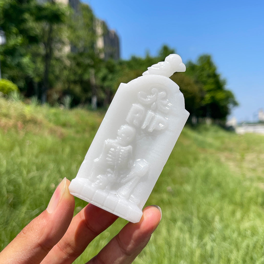 Natural Crystal Gothic Tombstone With Raven Carving