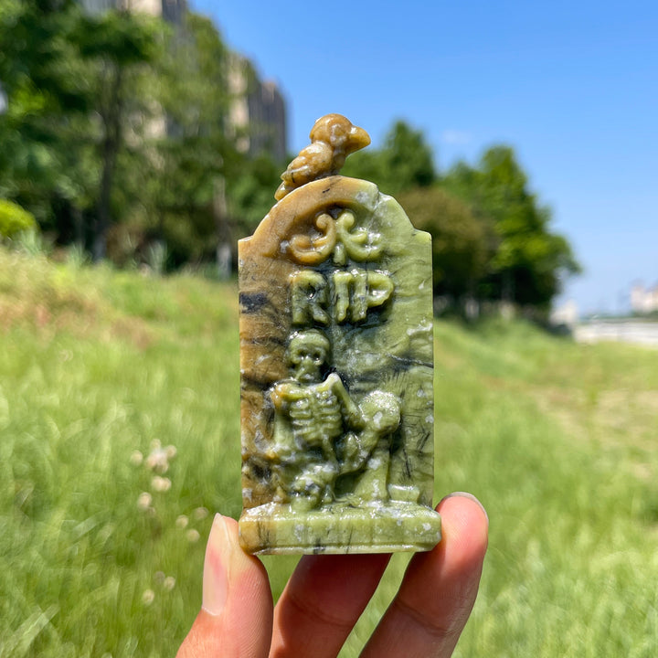 Natural Crystal Gothic Tombstone With Raven Carving
