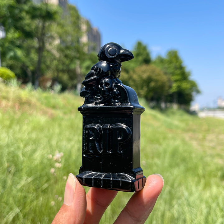 Natural Crystal Gothic Tombstone With Raven Carving