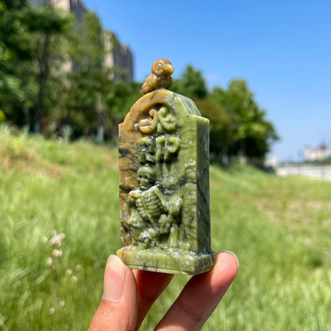 Natural Crystal Gothic Tombstone With Raven Carving