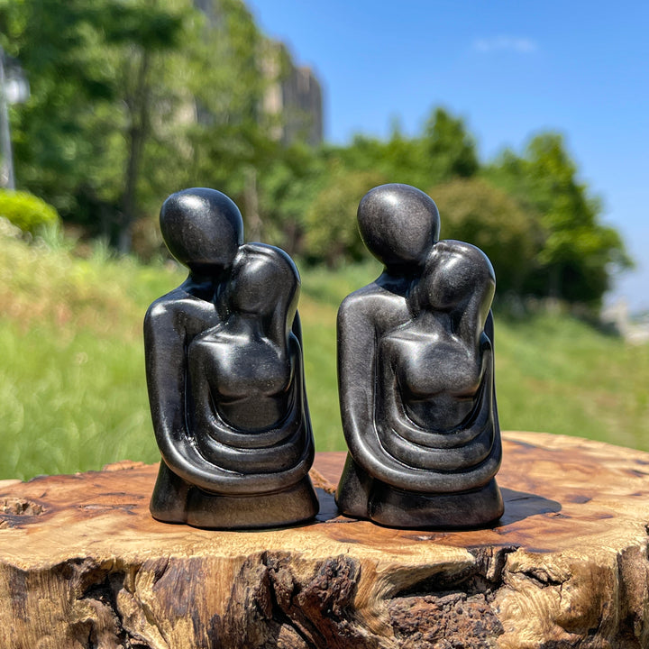 Natural Crystal Silver Obsidian Embracing Couple Carving